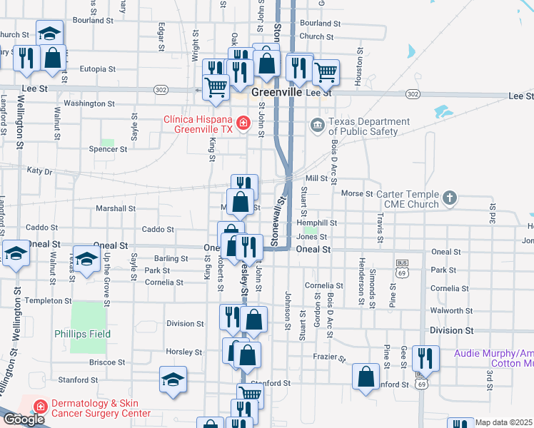 map of restaurants, bars, coffee shops, grocery stores, and more near 3302 Stonewall Street in Greenville