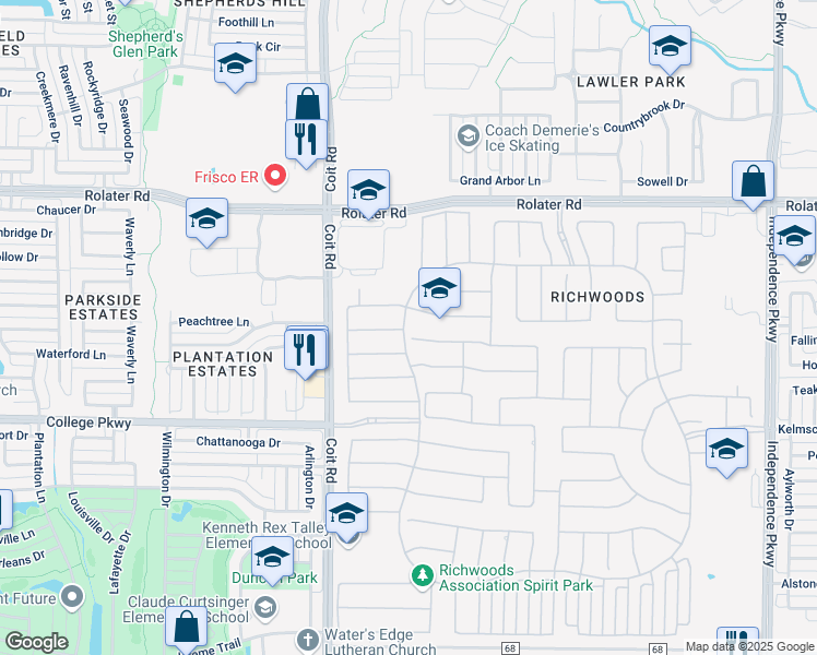 map of restaurants, bars, coffee shops, grocery stores, and more near 13110 Mardi Gras Lane in Frisco