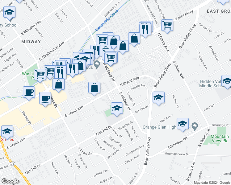 map of restaurants, bars, coffee shops, grocery stores, and more near 115 South Midway Drive in Escondido