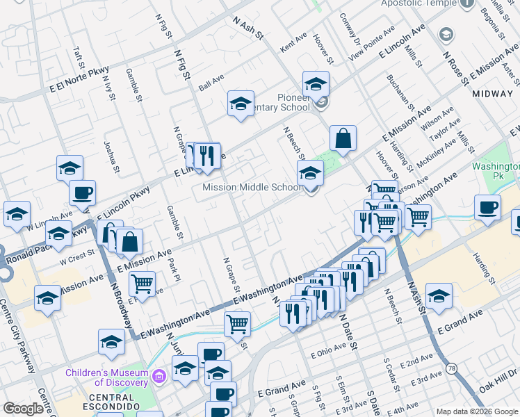 map of restaurants, bars, coffee shops, grocery stores, and more near 720 East Mission Avenue in Escondido