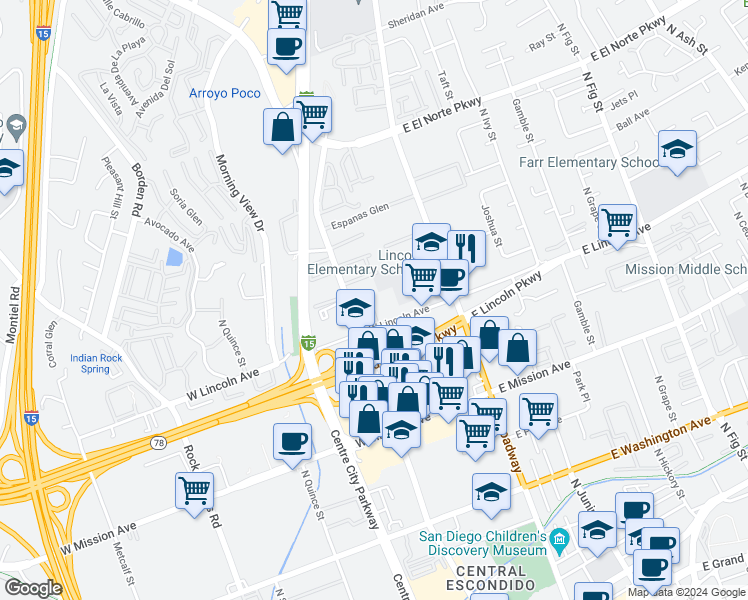 map of restaurants, bars, coffee shops, grocery stores, and more near 240 West Lincoln Avenue in Escondido