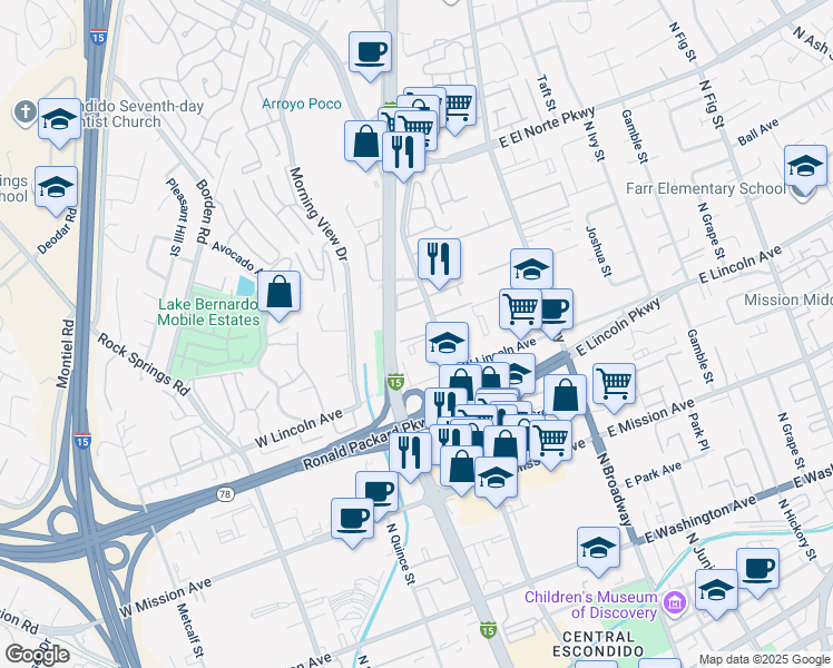map of restaurants, bars, coffee shops, grocery stores, and more near 110 North Escondido Boulevard in Escondido