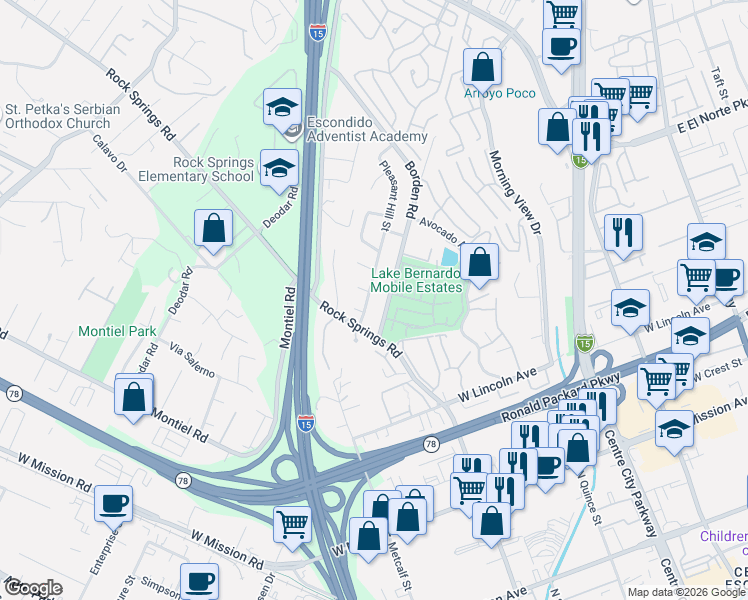 map of restaurants, bars, coffee shops, grocery stores, and more near 1209 Borden Road in Escondido