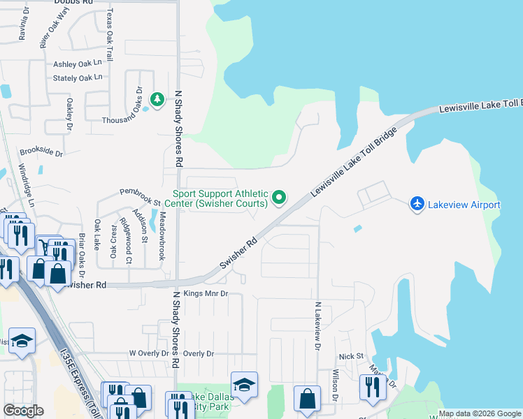 map of restaurants, bars, coffee shops, grocery stores, and more near 34 Lake Vista Circle in Lake Dallas