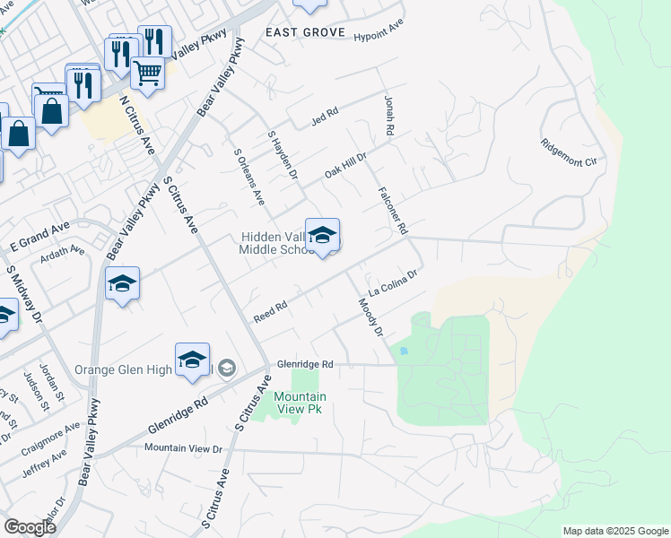 map of restaurants, bars, coffee shops, grocery stores, and more near 2700 Reed Road in Escondido