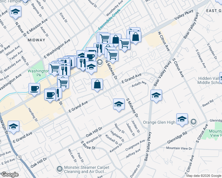 map of restaurants, bars, coffee shops, grocery stores, and more near 1915 East Grand Avenue in Escondido