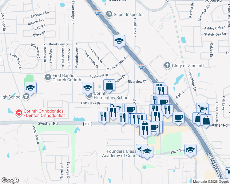 map of restaurants, bars, coffee shops, grocery stores, and more near 3502 Longview Drive in Corinth
