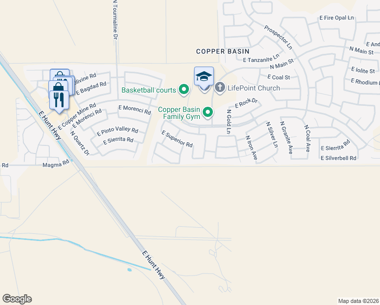 map of restaurants, bars, coffee shops, grocery stores, and more near 28018 North Titanium Lane in San Tan Valley