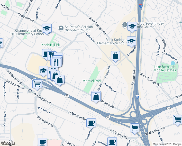 map of restaurants, bars, coffee shops, grocery stores, and more near 865 Saint Nikola Court in San Marcos
