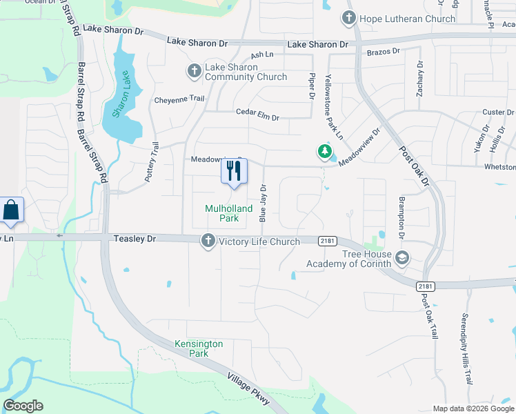 map of restaurants, bars, coffee shops, grocery stores, and more near 3208 Blue Jay Drive in Corinth
