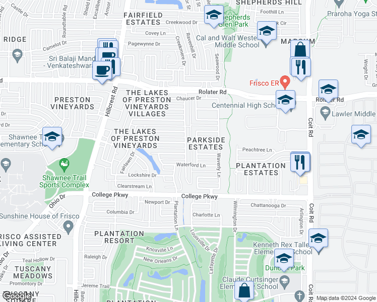 map of restaurants, bars, coffee shops, grocery stores, and more near 6702 Richmond Drive in Frisco