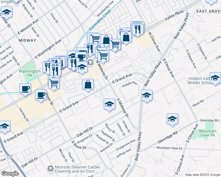 map of restaurants, bars, coffee shops, grocery stores, and more near 115 South Midway Drive in Escondido