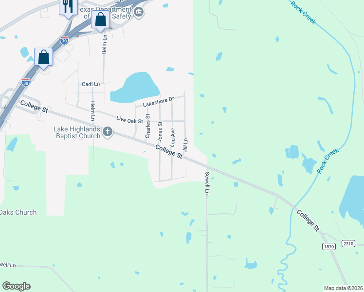 map of restaurants, bars, coffee shops, grocery stores, and more near 1809 College Street in Sulphur Springs
