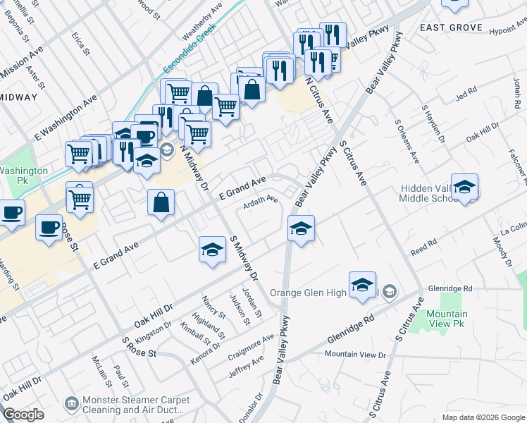 map of restaurants, bars, coffee shops, grocery stores, and more near 2070 Weathervane Avenue in Escondido