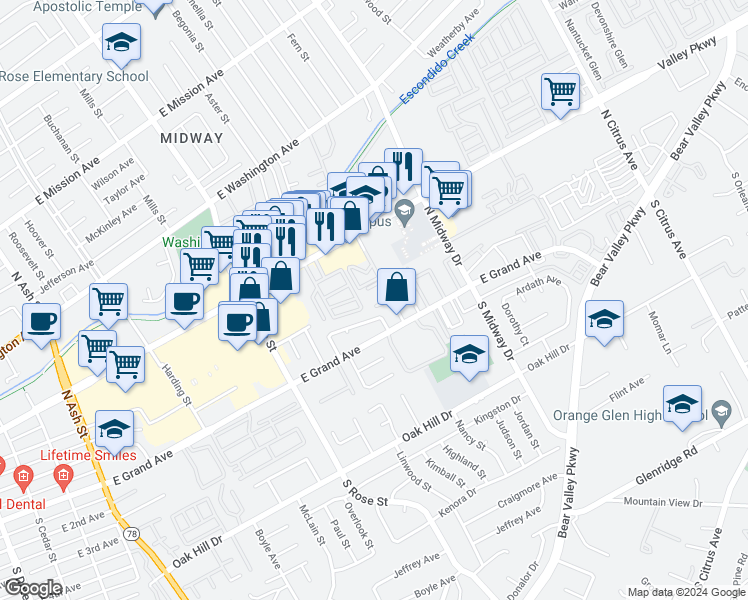 map of restaurants, bars, coffee shops, grocery stores, and more near 1760 Fairdale Avenue in Escondido
