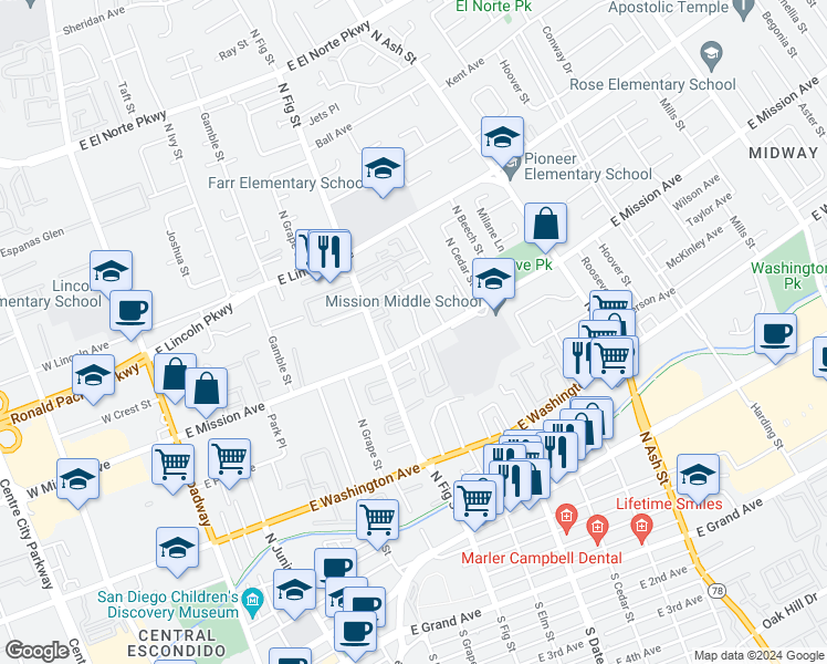 map of restaurants, bars, coffee shops, grocery stores, and more near 720 East Mission Avenue in Escondido
