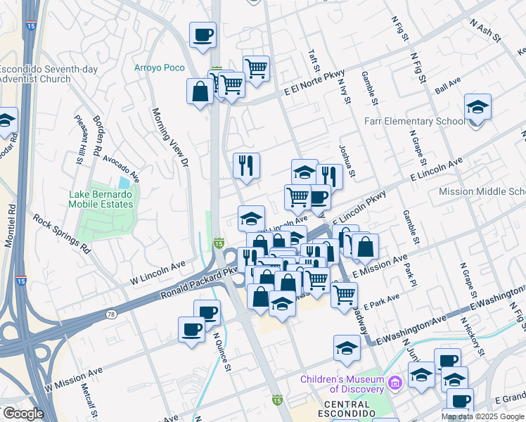 map of restaurants, bars, coffee shops, grocery stores, and more near 240 West Lincoln Avenue in Escondido
