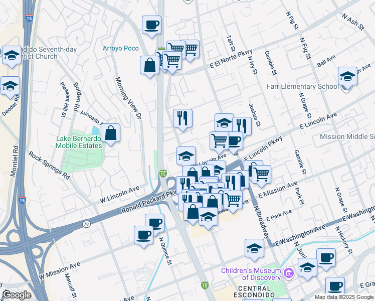 map of restaurants, bars, coffee shops, grocery stores, and more near 1051 North Escondido Boulevard in Escondido