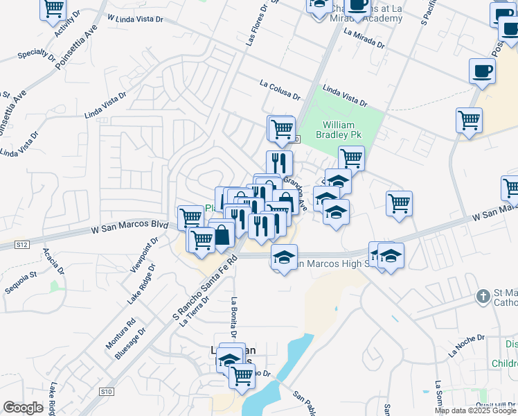 map of restaurants, bars, coffee shops, grocery stores, and more near 630-664 South Rancho Santa Fe Road in San Marcos