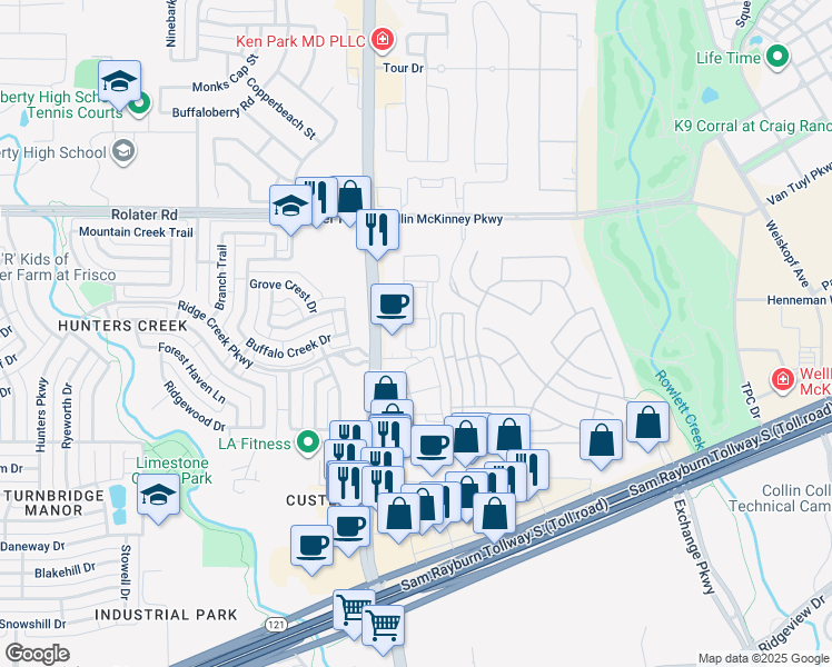 map of restaurants, bars, coffee shops, grocery stores, and more near 7001 Custer Road in McKinney