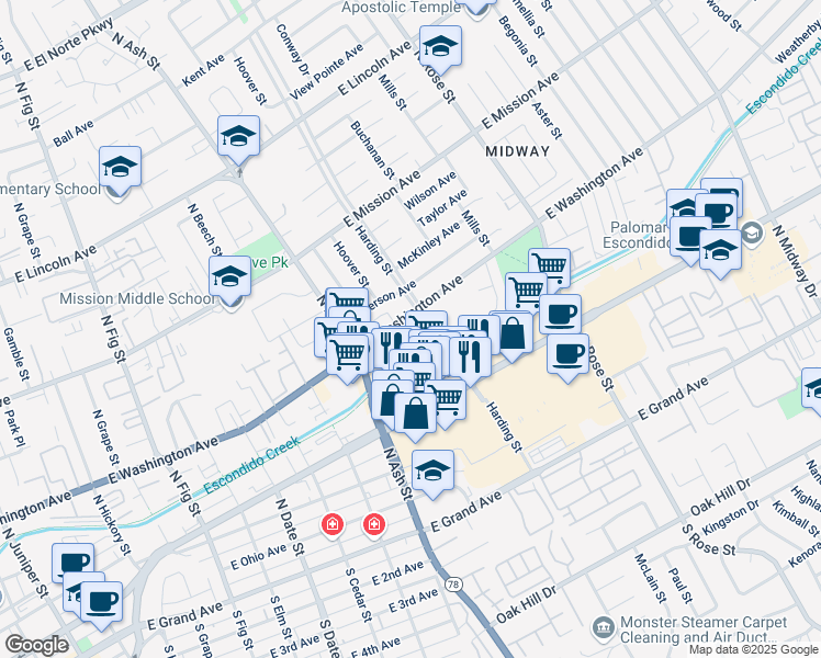 map of restaurants, bars, coffee shops, grocery stores, and more near 1261 East Washington Avenue in Escondido