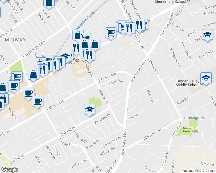 map of restaurants, bars, coffee shops, grocery stores, and more near 2041 Ardath Avenue in Escondido