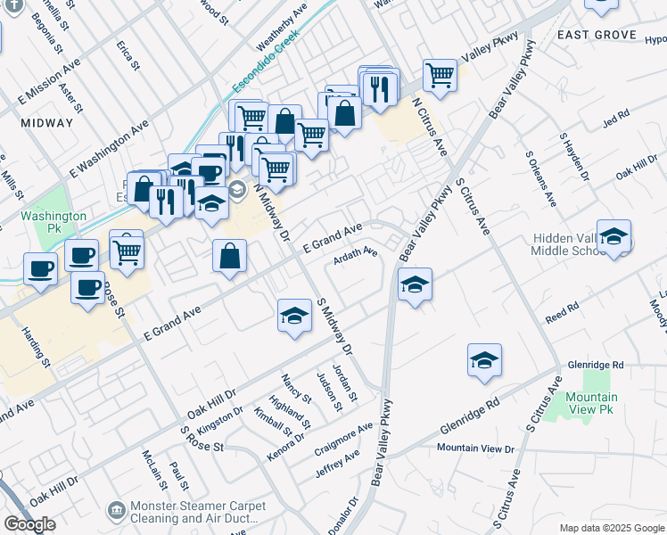 map of restaurants, bars, coffee shops, grocery stores, and more near 2041 Ardath Avenue in Escondido