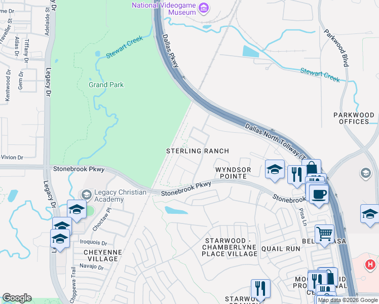 map of restaurants, bars, coffee shops, grocery stores, and more near 5808 Palomino Drive in Frisco