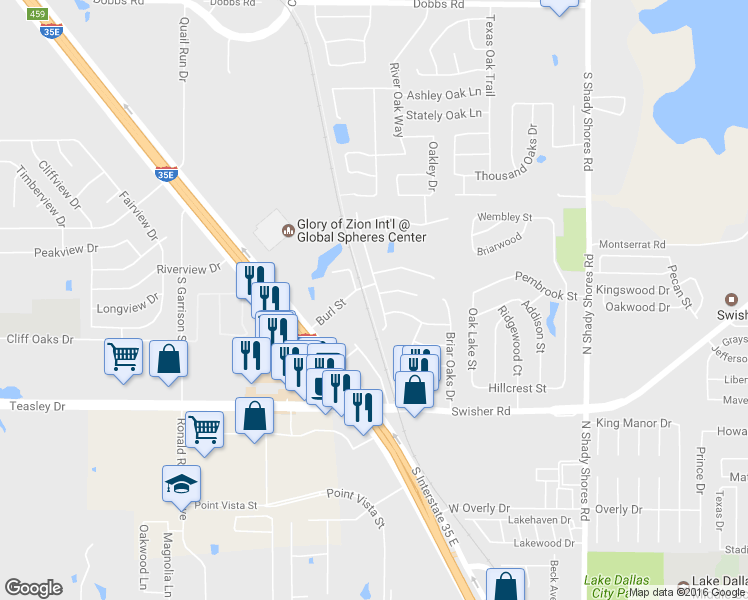 map of restaurants, bars, coffee shops, grocery stores, and more near 3205 Windridge Lane in Denton