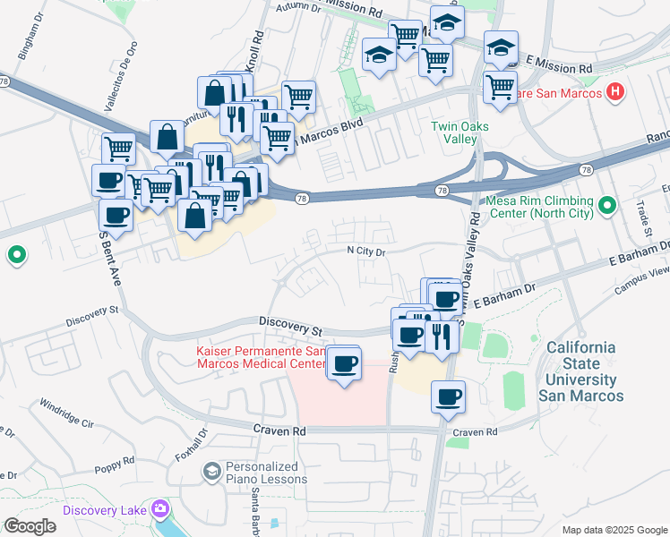map of restaurants, bars, coffee shops, grocery stores, and more near 349 Discovery Street in San Marcos