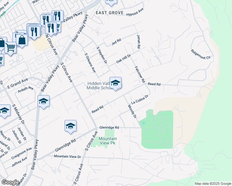 map of restaurants, bars, coffee shops, grocery stores, and more near 2700 Reed Road in Escondido