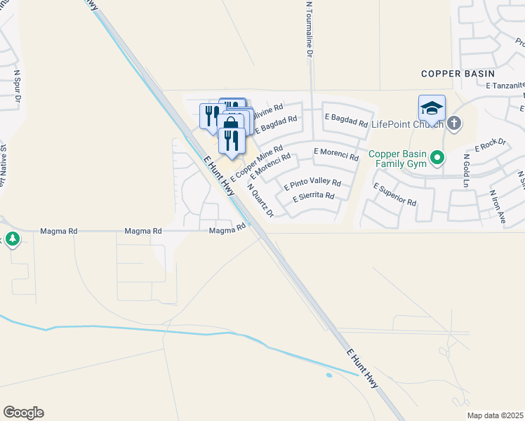 map of restaurants, bars, coffee shops, grocery stores, and more near 28036 North Quartz Drive in San Tan Valley