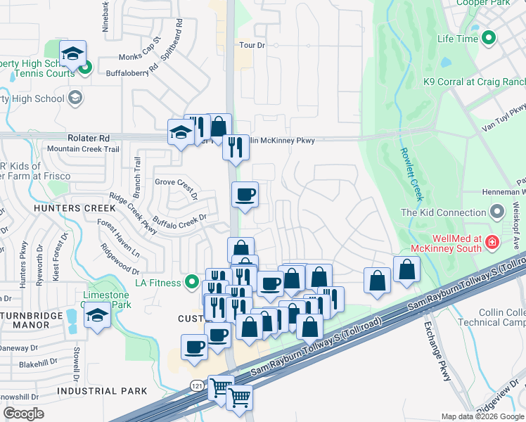 map of restaurants, bars, coffee shops, grocery stores, and more near 7101 Custer Road in McKinney