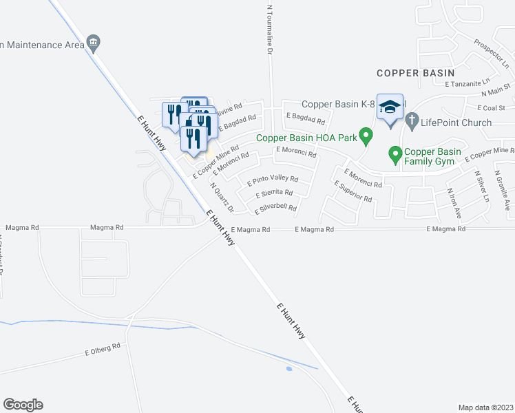 map of restaurants, bars, coffee shops, grocery stores, and more near 2866 East Silverbell Road in San Tan Valley