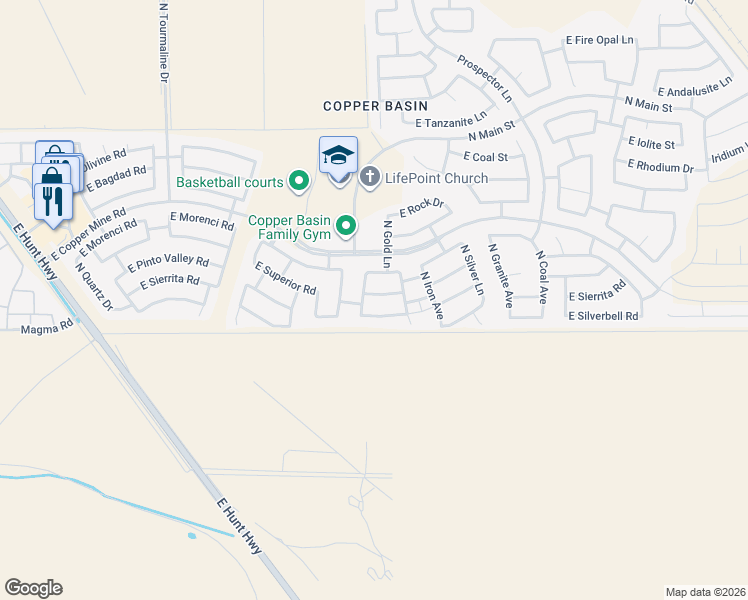 map of restaurants, bars, coffee shops, grocery stores, and more near 3728 East Sierrita Road in Queen Creek