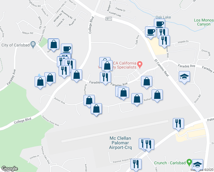 map of restaurants, bars, coffee shops, grocery stores, and more near 2195 Faraday Avenue in Carlsbad
