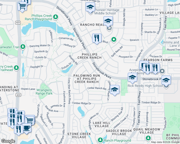 map of restaurants, bars, coffee shops, grocery stores, and more near 6594 Eden Valley Drive in Frisco