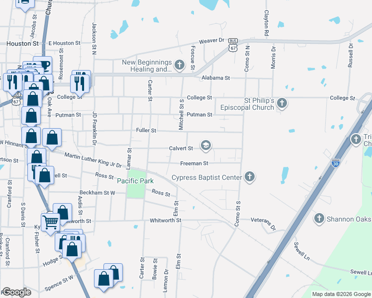map of restaurants, bars, coffee shops, grocery stores, and more near 406 Calvert Street in Sulphur Springs