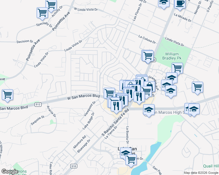 map of restaurants, bars, coffee shops, grocery stores, and more near 650 South Rancho Santa Fe Road in San Marcos