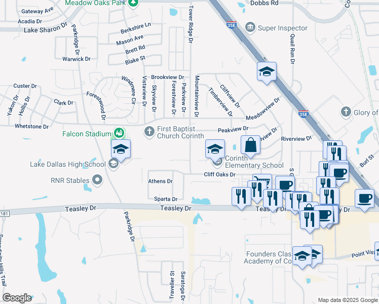 map of restaurants, bars, coffee shops, grocery stores, and more near 3250 Tower Ridge Drive in Corinth