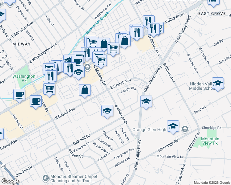 map of restaurants, bars, coffee shops, grocery stores, and more near 230 Dorothy Court in Escondido