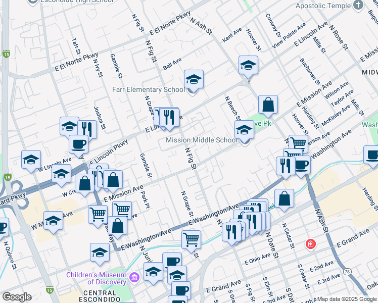 map of restaurants, bars, coffee shops, grocery stores, and more near 819 North Fig Street in Escondido