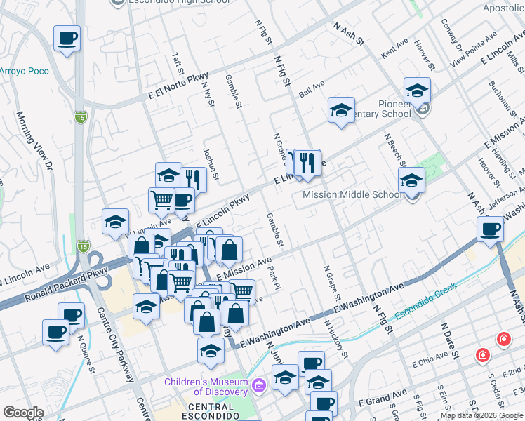 map of restaurants, bars, coffee shops, grocery stores, and more near 233 East Lincoln Parkway in Escondido