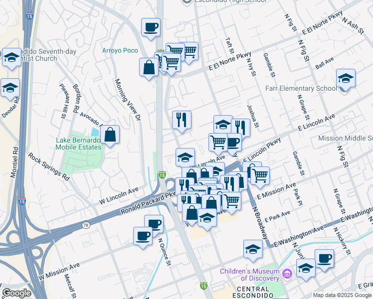 map of restaurants, bars, coffee shops, grocery stores, and more near 1051 North Escondido Boulevard in Escondido