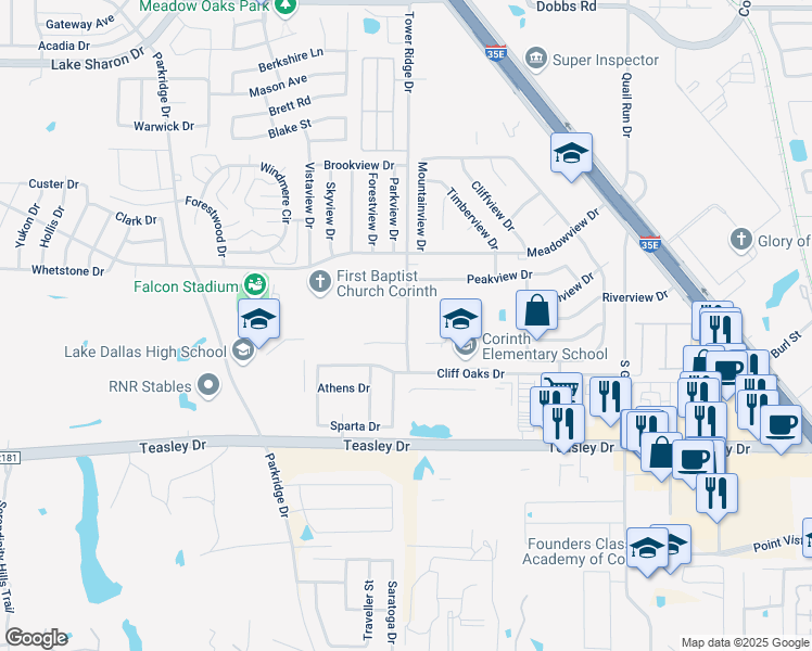 map of restaurants, bars, coffee shops, grocery stores, and more near 3250 Tower Ridge Drive in Corinth