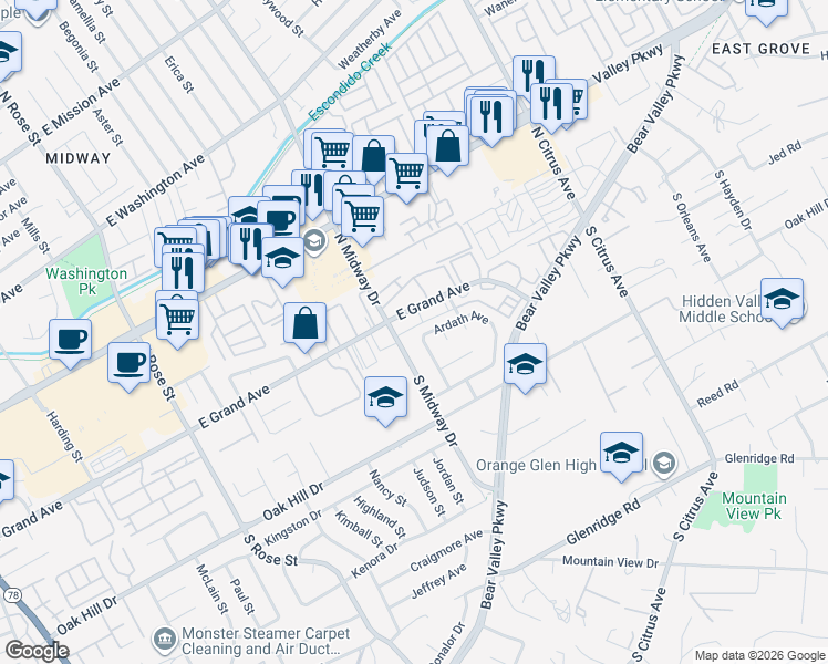 map of restaurants, bars, coffee shops, grocery stores, and more near 230 Dorothy Court in Escondido