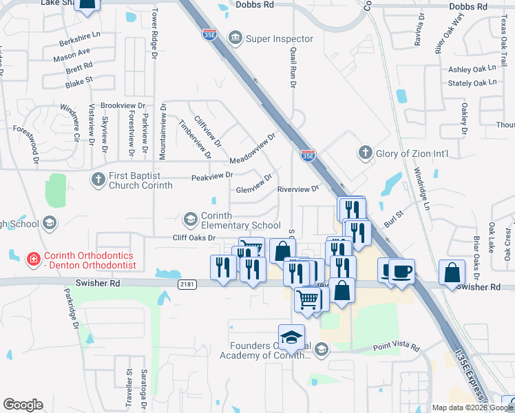 map of restaurants, bars, coffee shops, grocery stores, and more near 3502 Longview Drive in Corinth