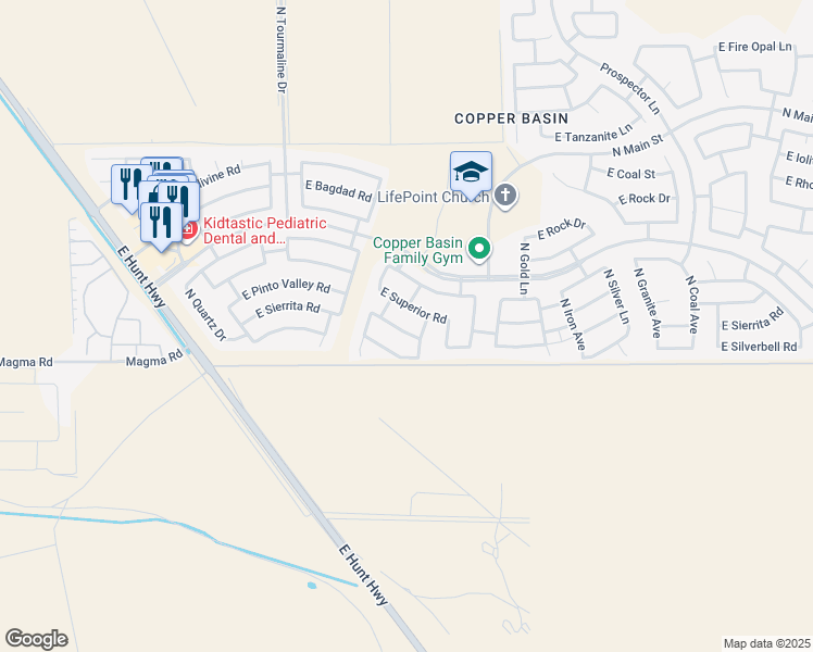 map of restaurants, bars, coffee shops, grocery stores, and more near 3410 East Sierrita Road in San Tan Valley