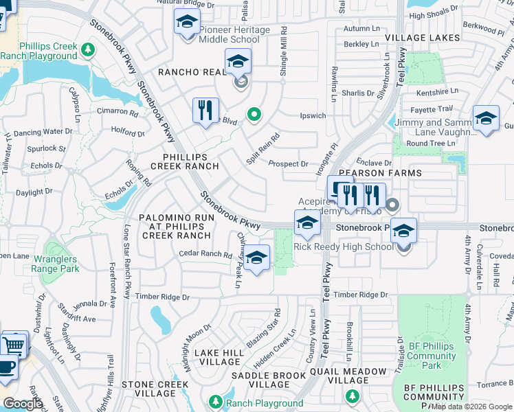 map of restaurants, bars, coffee shops, grocery stores, and more near 6609 Garrett River Road in Frisco