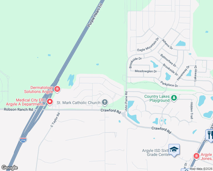 map of restaurants, bars, coffee shops, grocery stores, and more near 6221 Meandering Creek Drive in Argyle